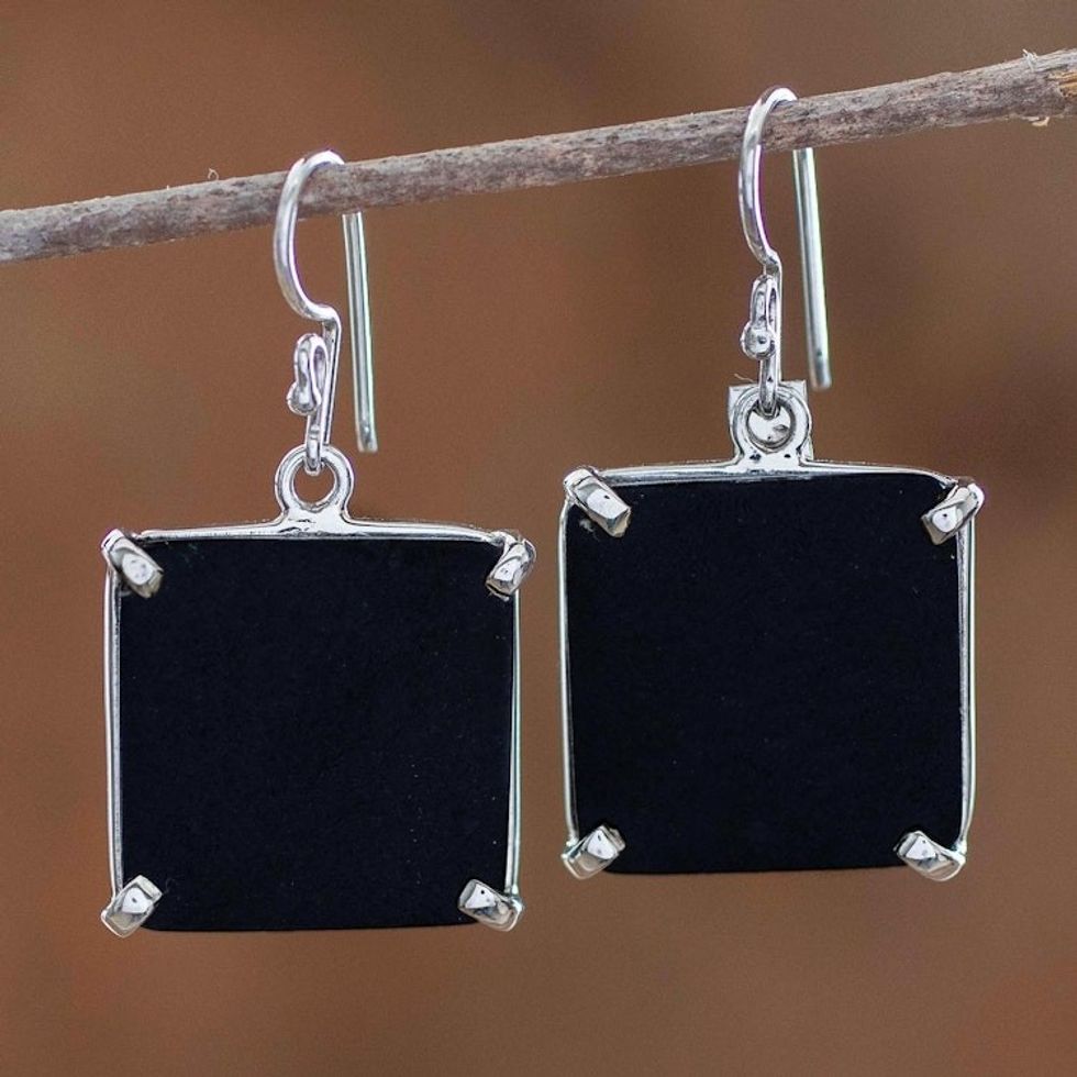 Square Cut Black Jade and Silver Earrings from Guatemala 'Black Abstractions'