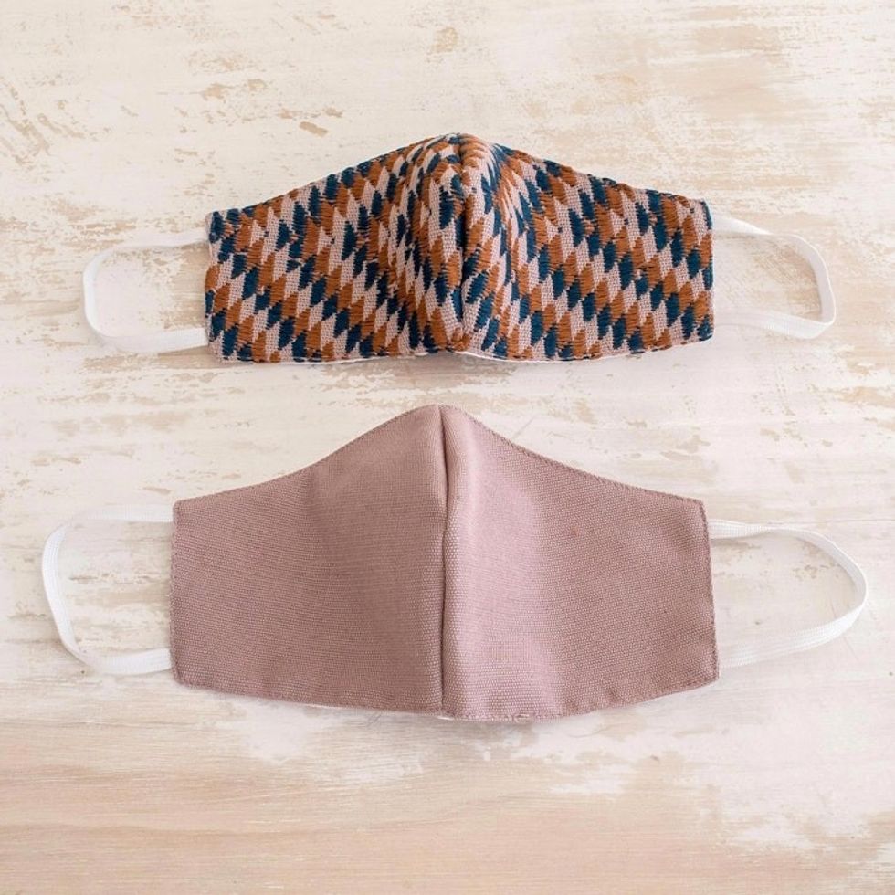 2 Handwoven Cotton Masks in Blue-Brown Brocade Solid Lilac 'Psychedelic Brocade'