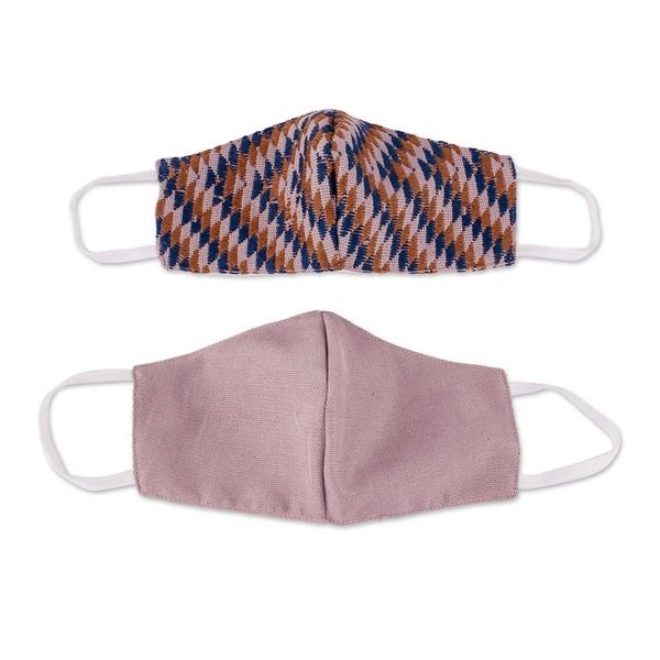 Alternate image for 2 Handwoven Cotton Masks in Blue-Brown Brocade Solid Lilac Psychedelic Brocade