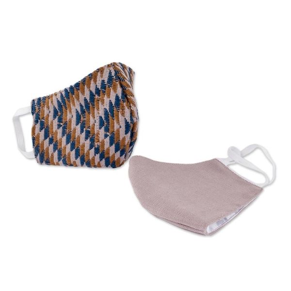 Alternate image for 2 Handwoven Cotton Masks in Blue-Brown Brocade Solid Lilac Psychedelic Brocade