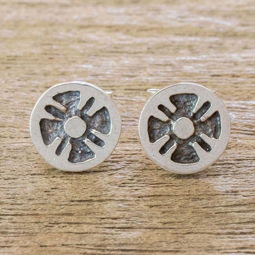 Stylized Flower Sterling Silver Stud Earrings 'Flower of the Maya'