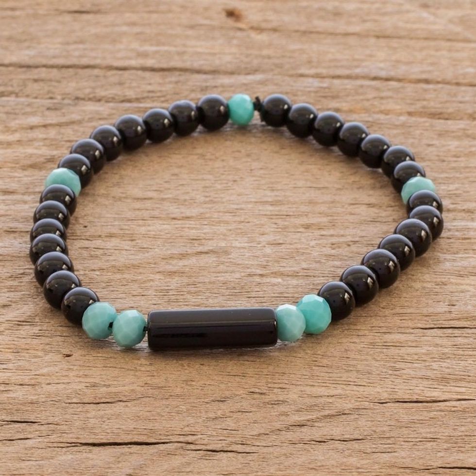 Unisex Beaded Onyx Bracelet with Crystal Accents 'Strength and Vigor'