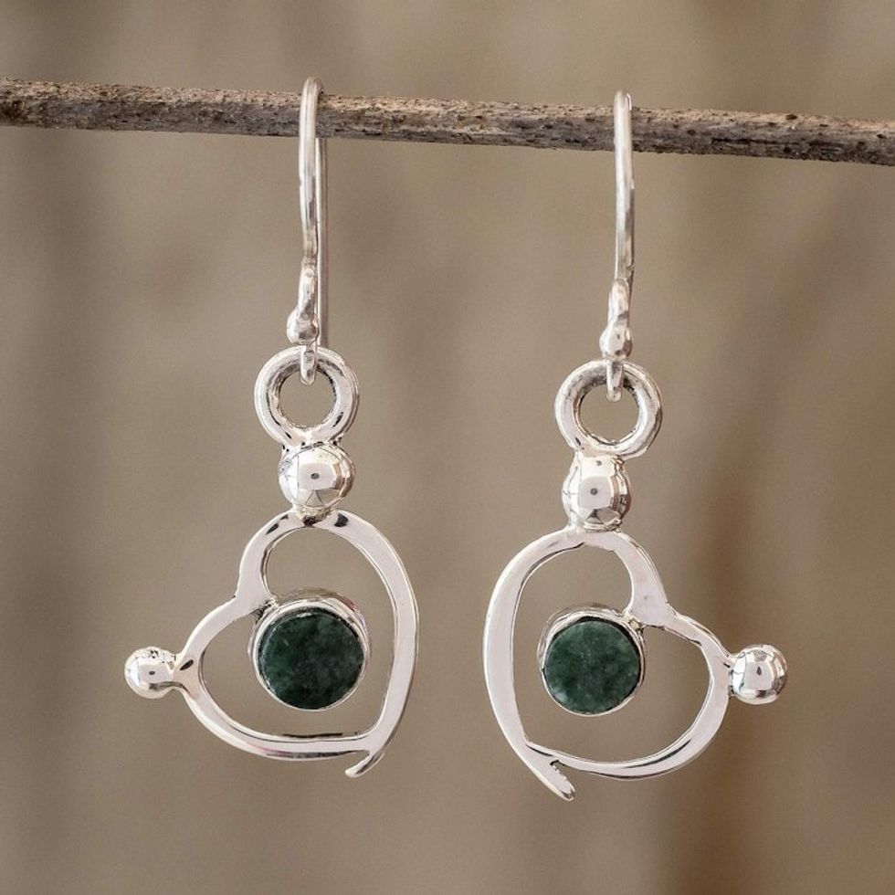 Sterling Silver and Jade Heart Dangle Earrings 'Ancestral Love'