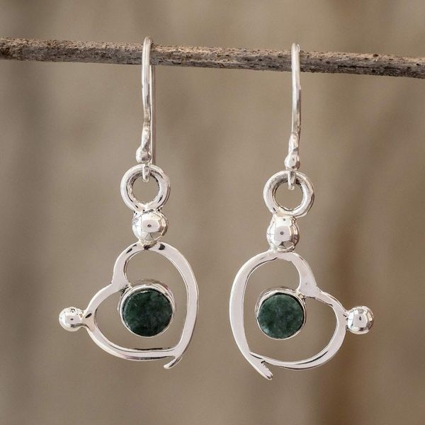 Alternate image for Sterling Silver and Jade Heart Dangle Earrings Ancestral Love