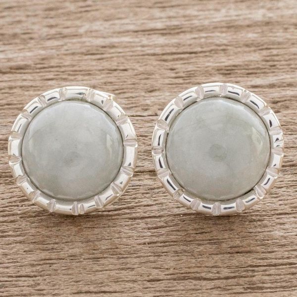 Alternate image for Sterling Silver Stud Earrings with Apple Green Jade Circles Apple Green Moon
