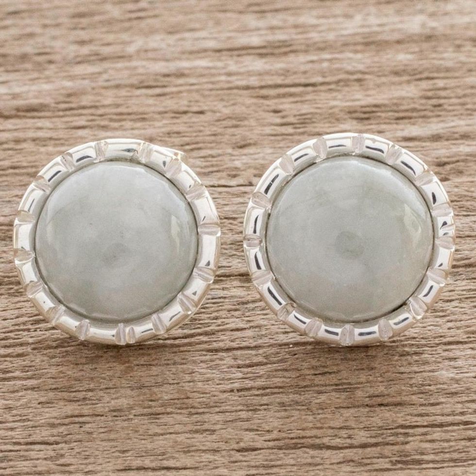 Sterling Silver Stud Earrings with Apple Green Jade Circles 'Apple Green Moon'