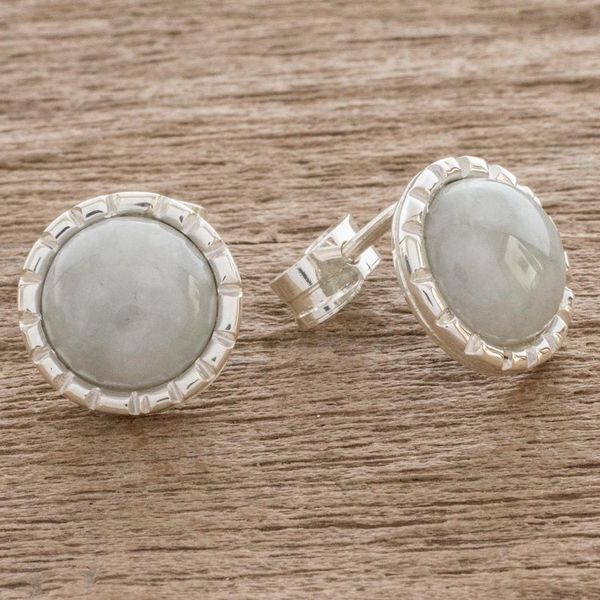 Alternate image for Sterling Silver Stud Earrings with Apple Green Jade Circles Apple Green Moon