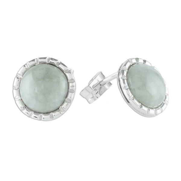 Alternate image for Sterling Silver Stud Earrings with Apple Green Jade Circles Apple Green Moon