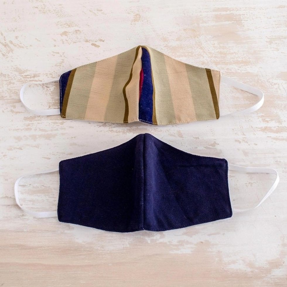 2 Handwoven 3-Layer Masks in Stripe Solid Blue Cotton 'Patience and Hope'