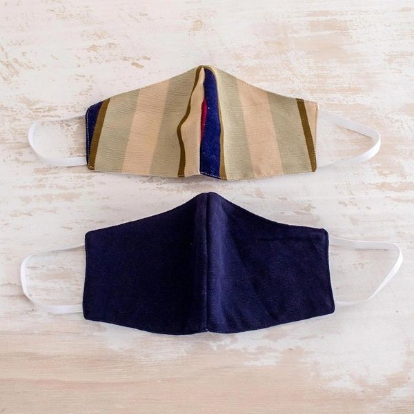 Alternate image for 2 Handwoven 3-Layer Masks in Stripe Solid Blue Cotton Patience and Hope