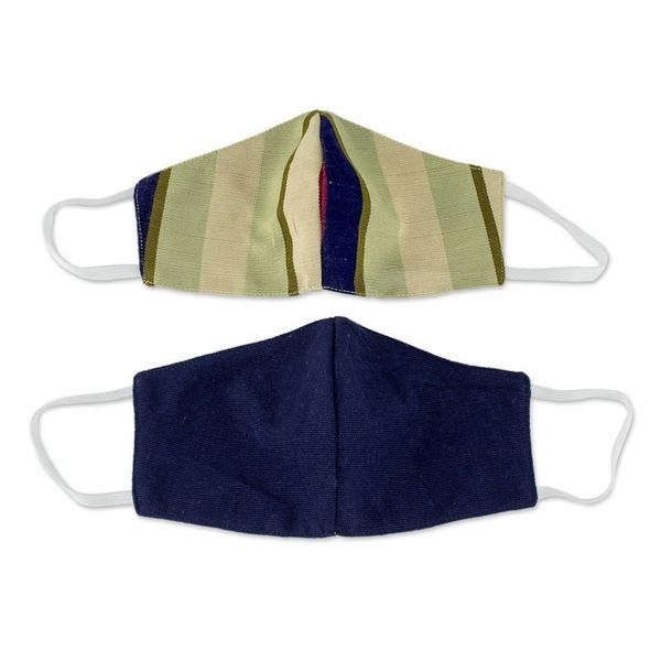 Alternate image for 2 Handwoven 3-Layer Masks in Stripe Solid Blue Cotton Patience and Hope