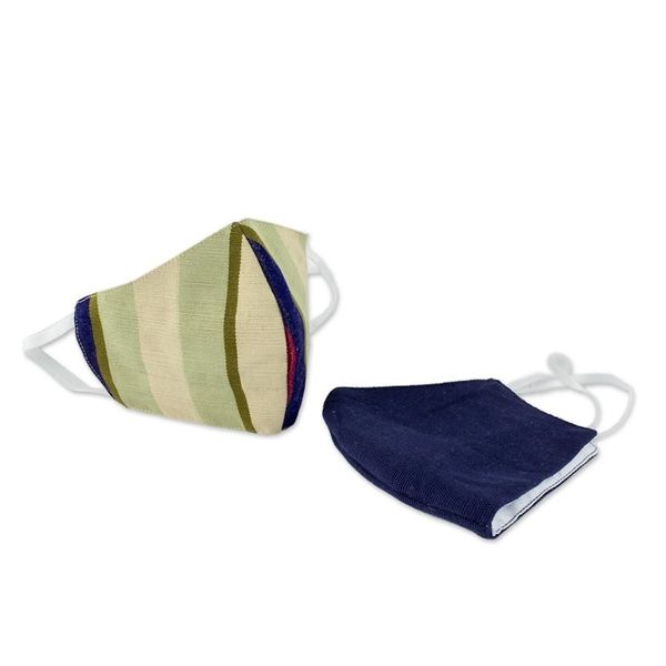 Alternate image for 2 Handwoven 3-Layer Masks in Stripe Solid Blue Cotton Patience and Hope