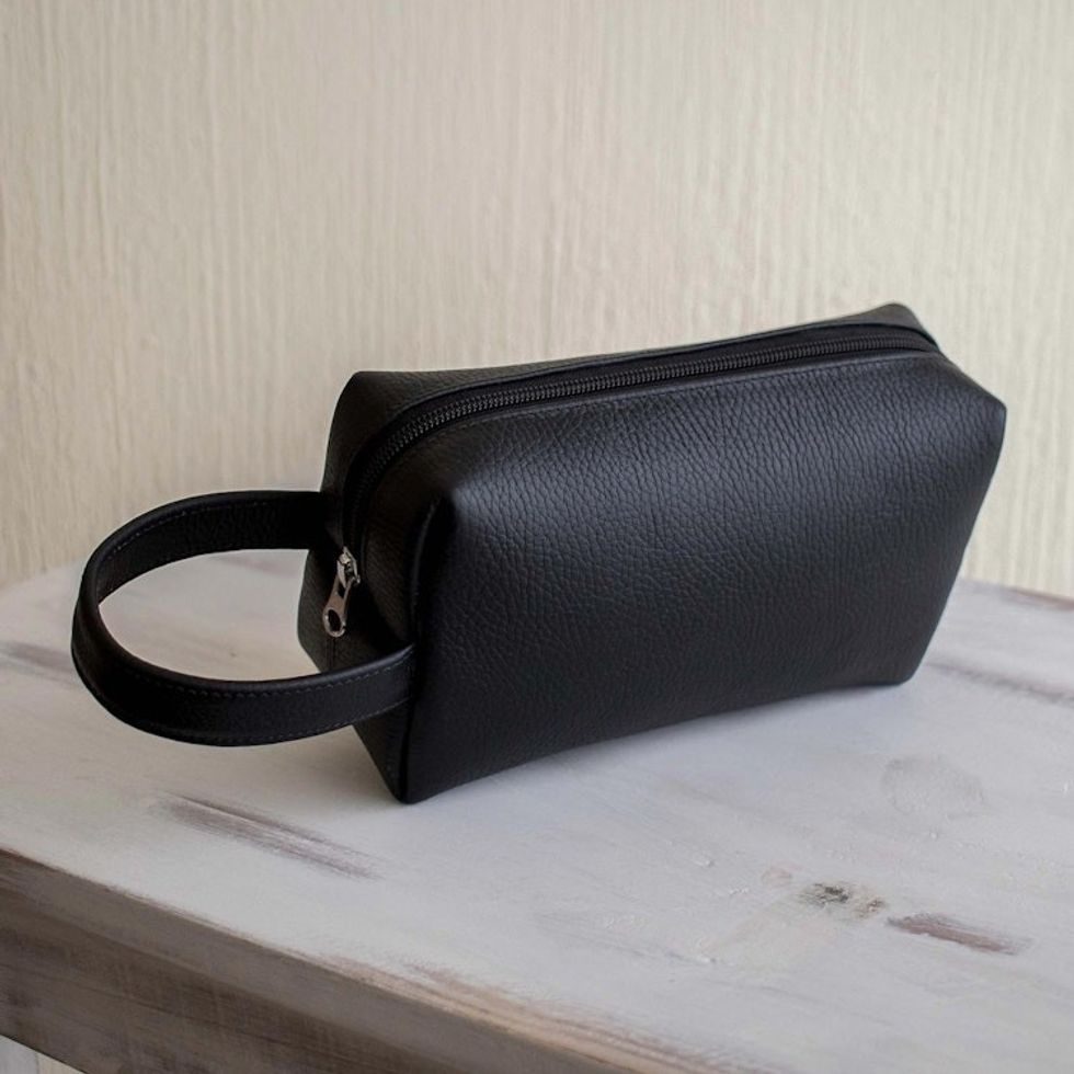 Handmade Black Leather Toiletry Case for Men 'Man of the World in Black'