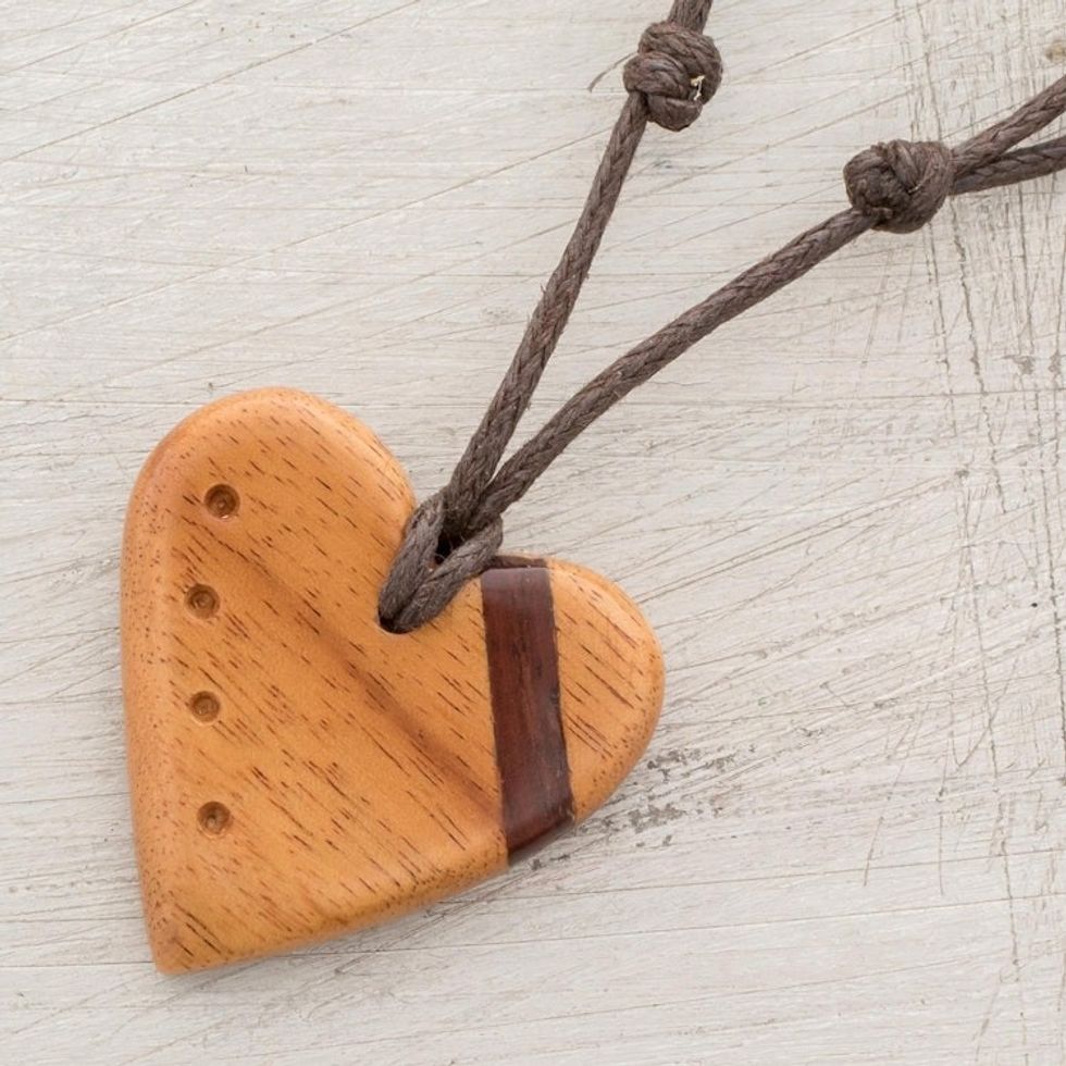 Jobillo and Estoraque Wood Heart Necklace from Costa Rica 'Jobillo Heart Stripe'
