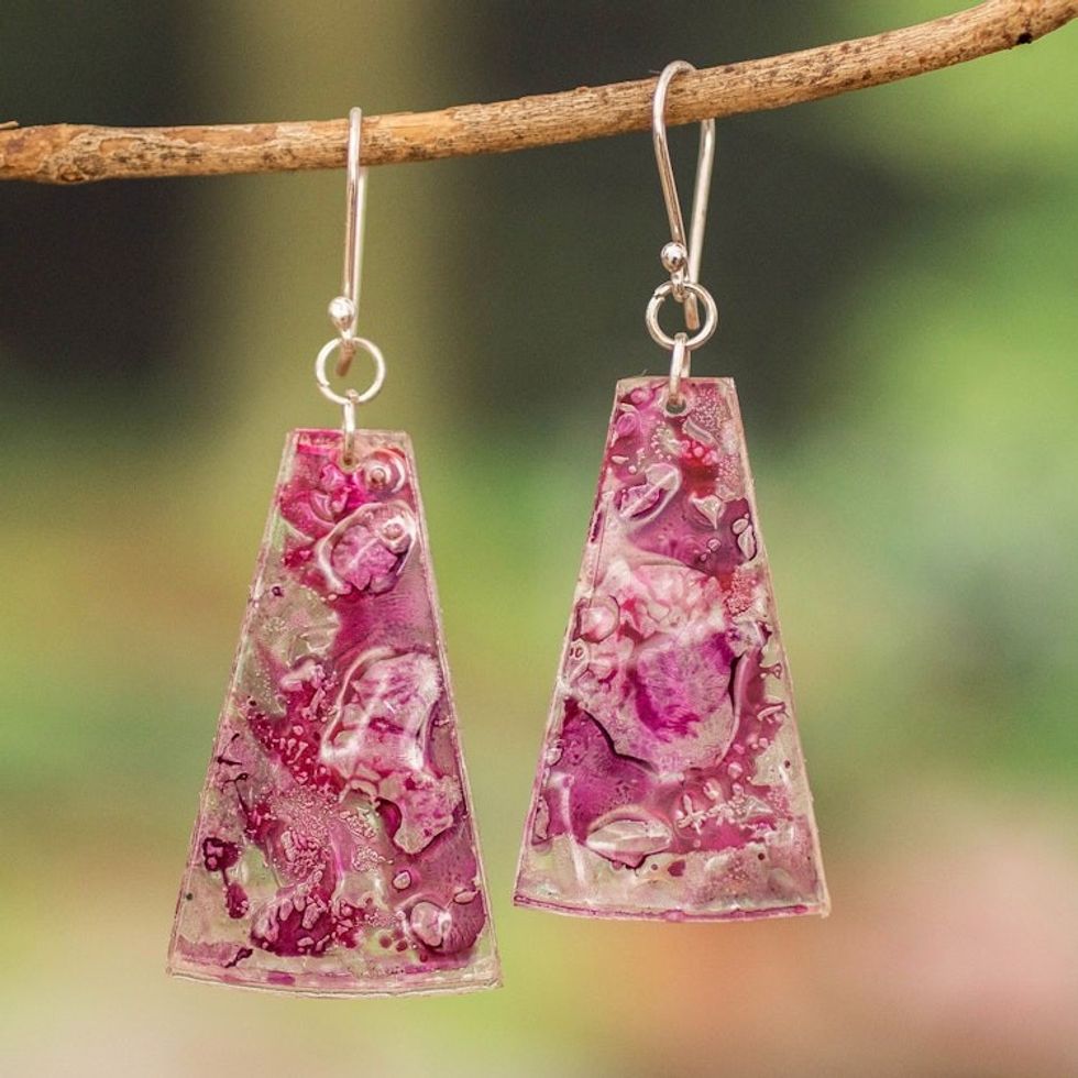 Recycled CD Dangle Earrings in Pink and Purple 'Orchid Polygons'