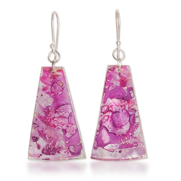 Alternate image for Recycled CD Dangle Earrings in Pink and Purple Orchid Polygons