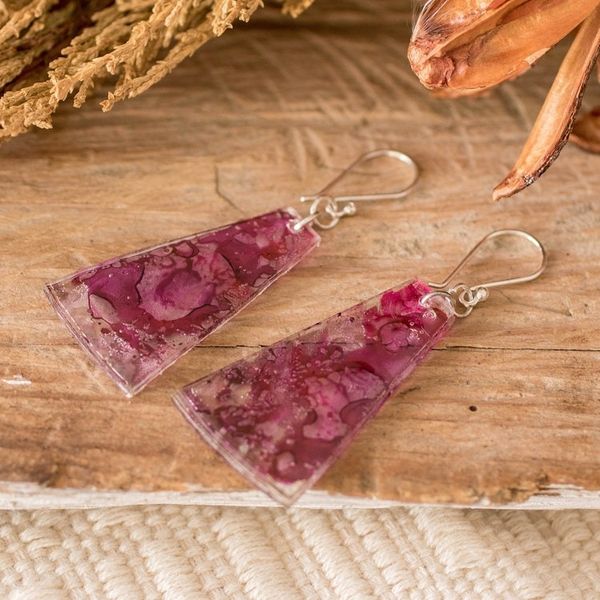 Alternate image for Recycled CD Dangle Earrings in Pink and Purple Orchid Polygons