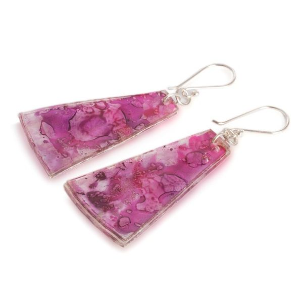 Alternate image for Recycled CD Dangle Earrings in Pink and Purple Orchid Polygons