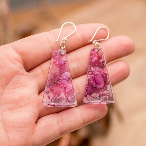 Alternate image for Recycled CD Dangle Earrings in Pink and Purple Orchid Polygons