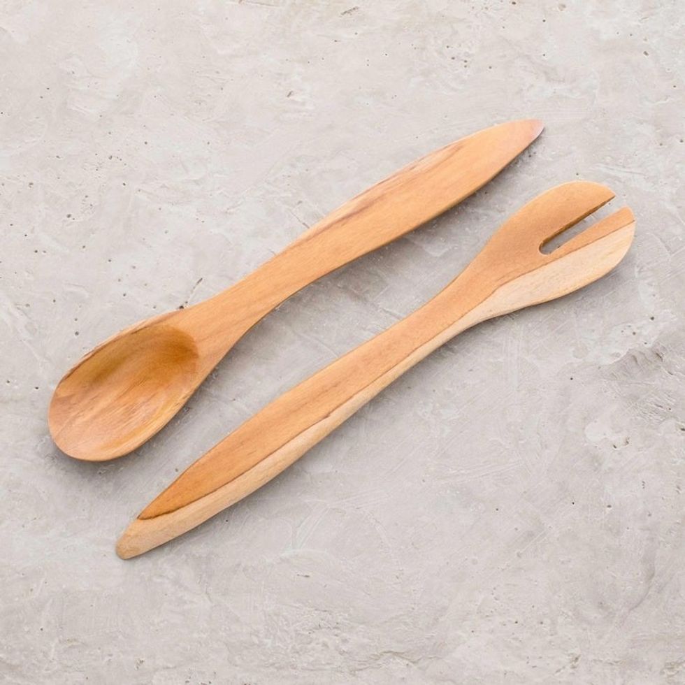 Food-Safe Teak Wood Salad Servers Pair 'Flavors of My Land'