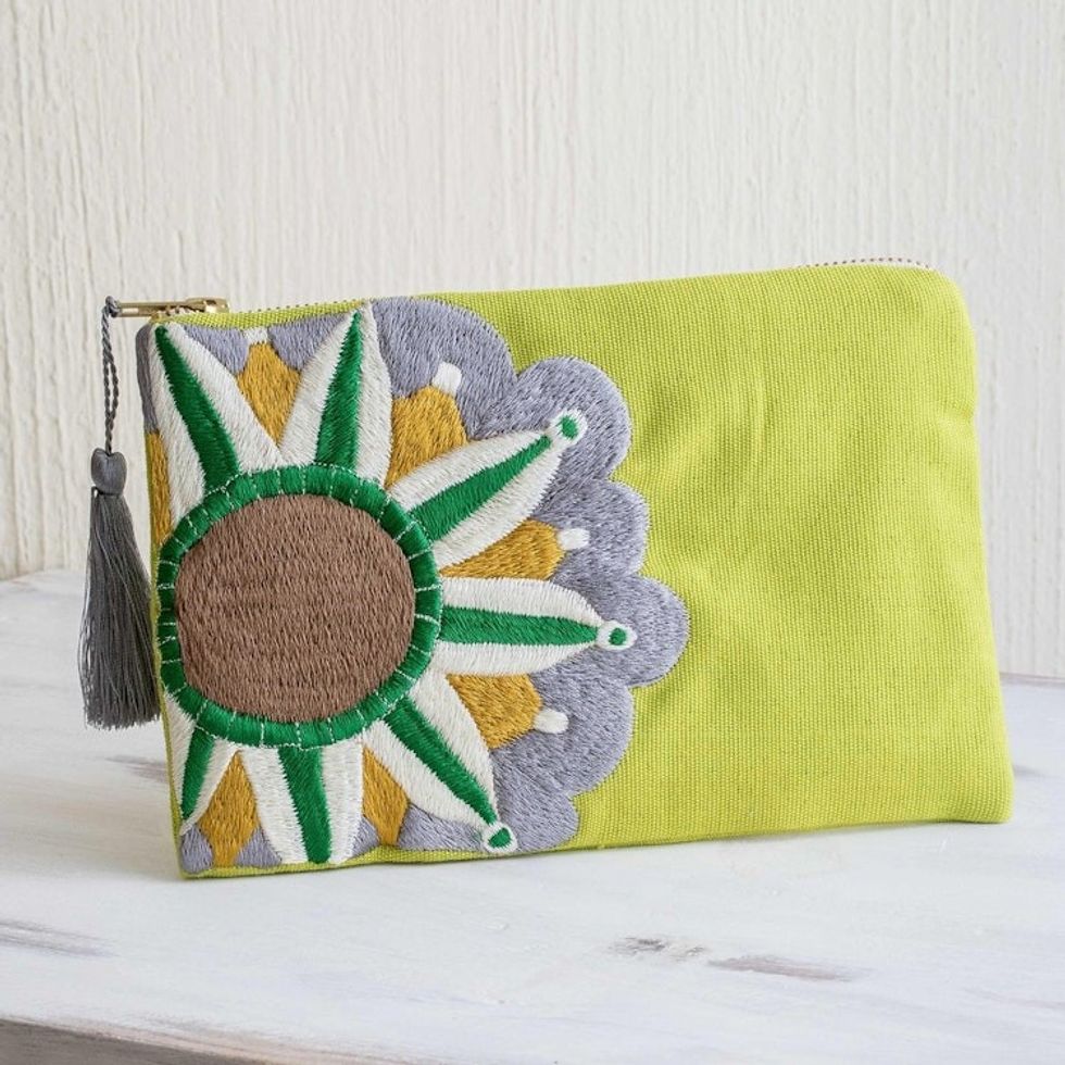 Sun Motif Embroidered Chartreuse Cotton Cosmetic Bag 'Golden Lime Sunshine'