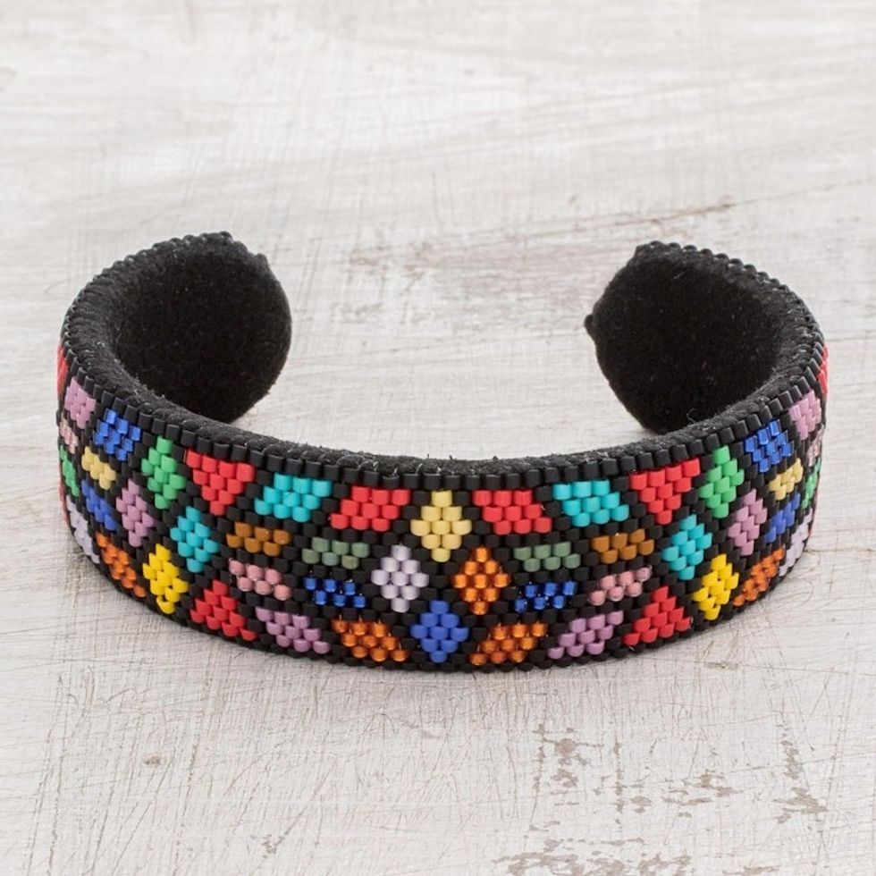 Colorful Geometric Glass Beaded Cuff Bracelet 'Rainbow Geometry'