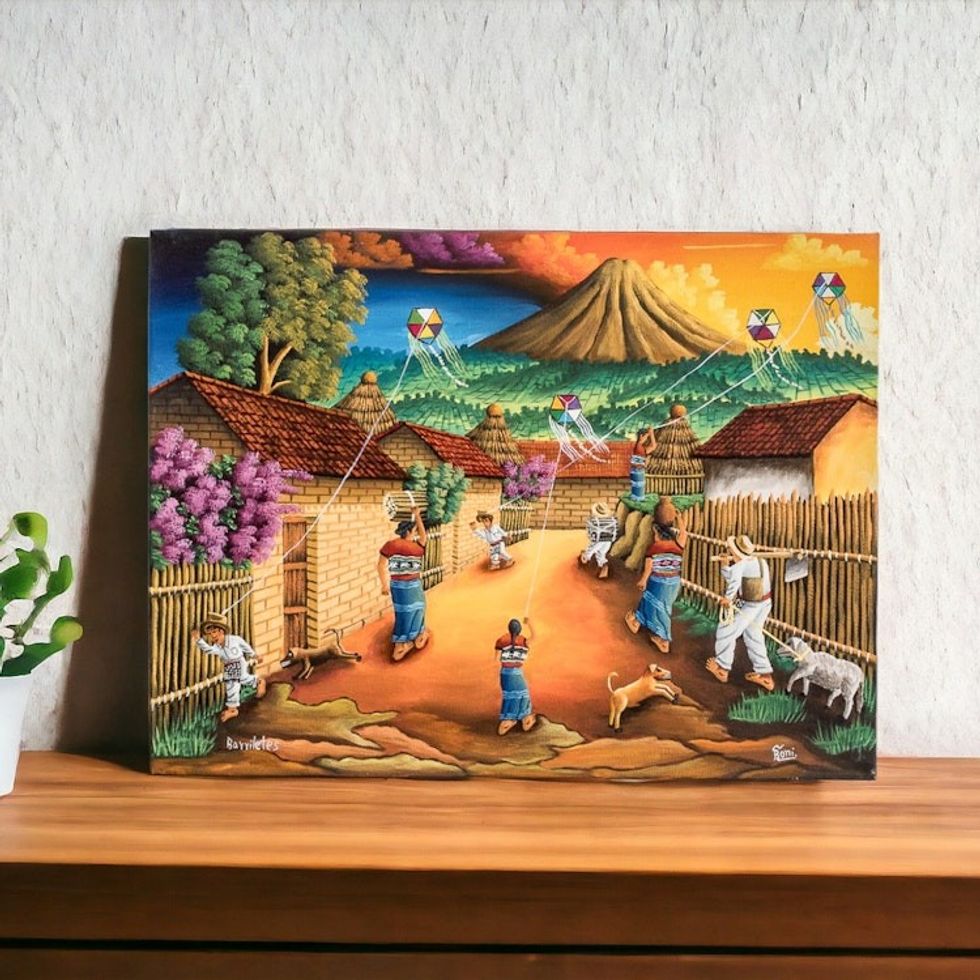 Colorful Oil Painting of a Guatemalan November 1 Tradition 'Kites'