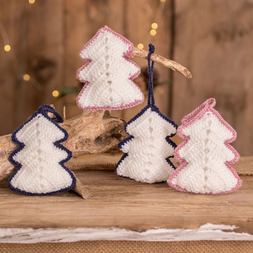 Hand-Crocheted White Christmas Tree Ornaments Set of 4 'White Christmas Trees'