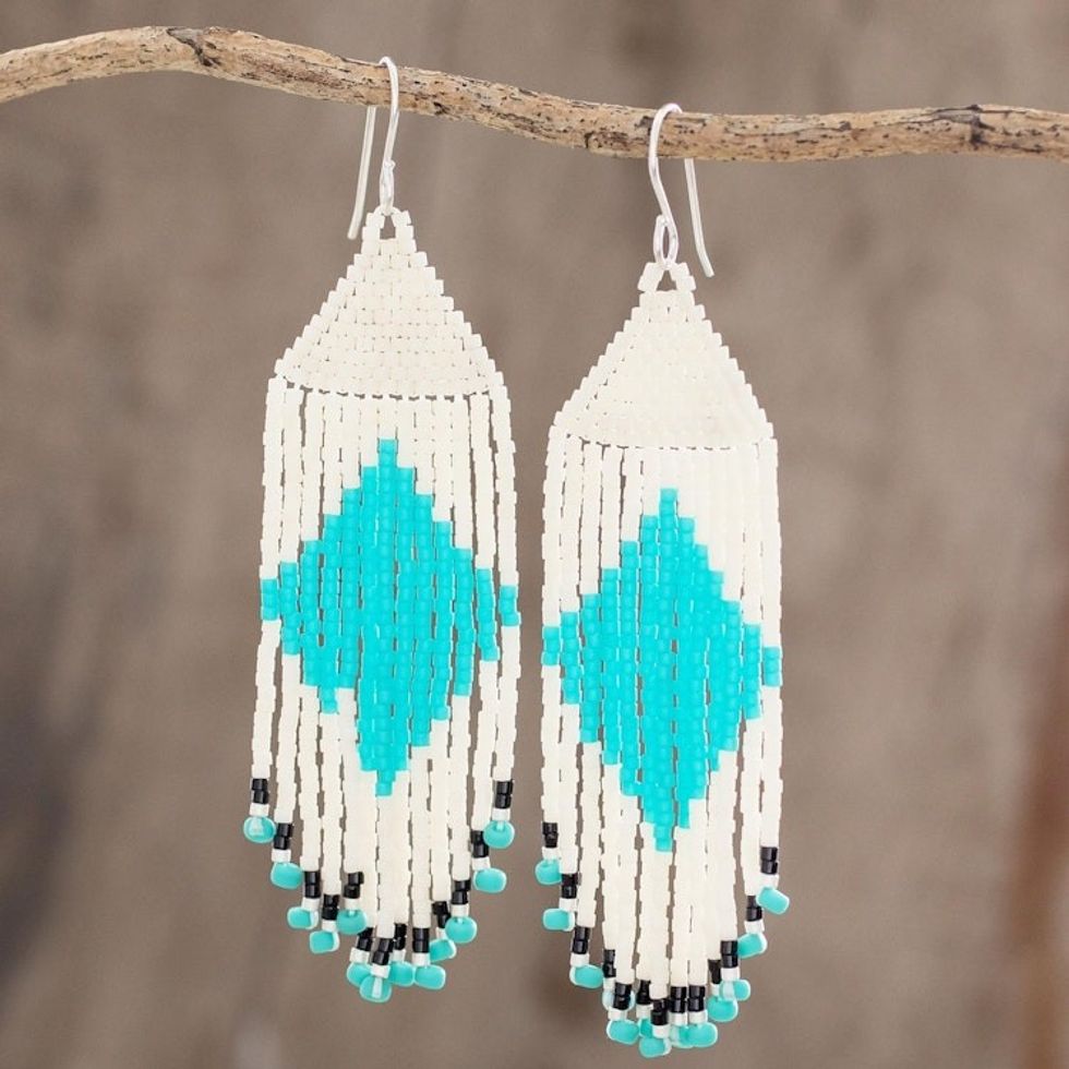 Diamond Pattern Glass Beaded Waterfall Earrings 'Ocean Diamonds'
