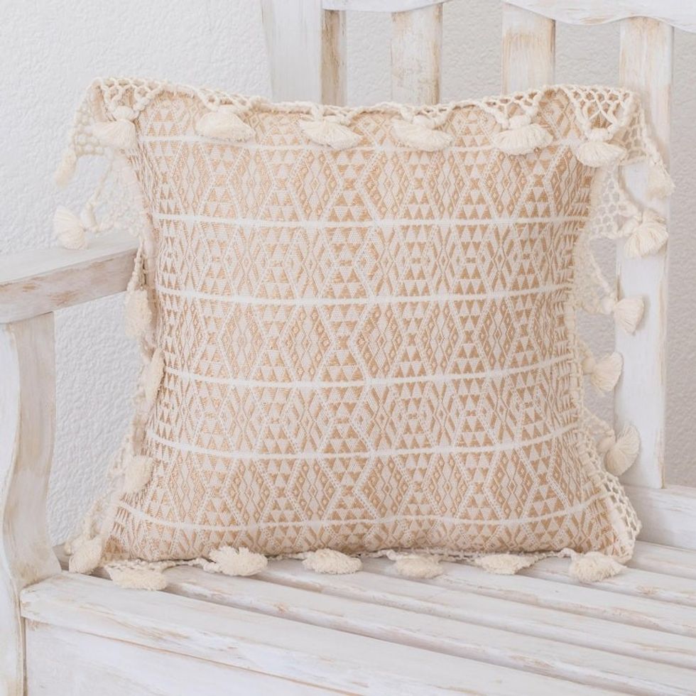 Handwoven Geometric Cotton Cushion Cover in Eggshell 'Traditional Motifs in Eggshell'