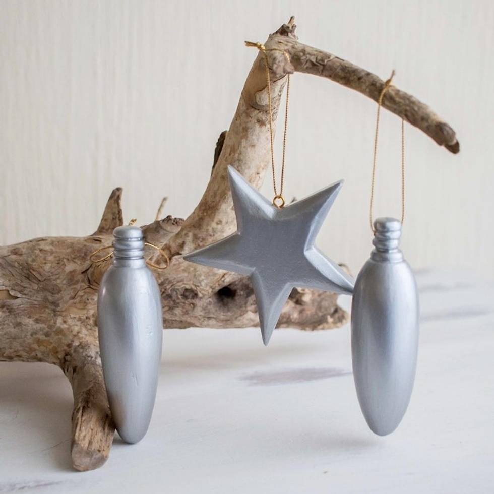 Silver Wood Christmas Ornaments Set of 3 From Guatemala 'Holy Night Glow'