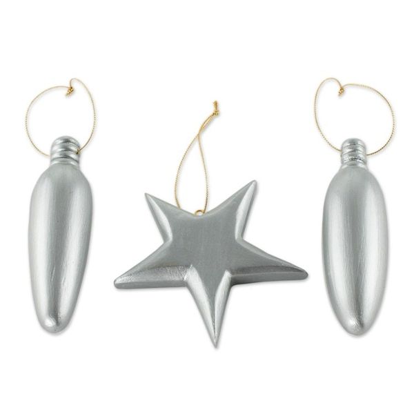 Alternate image for Silver Wood Christmas Ornaments Set of 3 From Guatemala Holy Night Glow