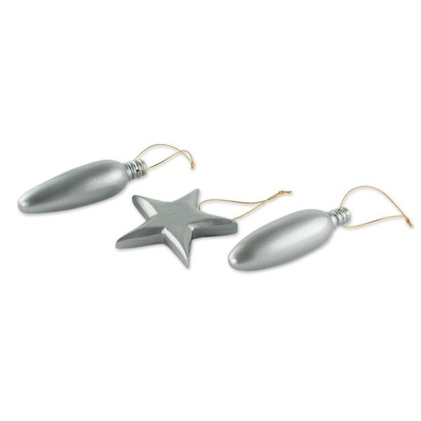 Alternate image for Silver Wood Christmas Ornaments Set of 3 From Guatemala Holy Night Glow