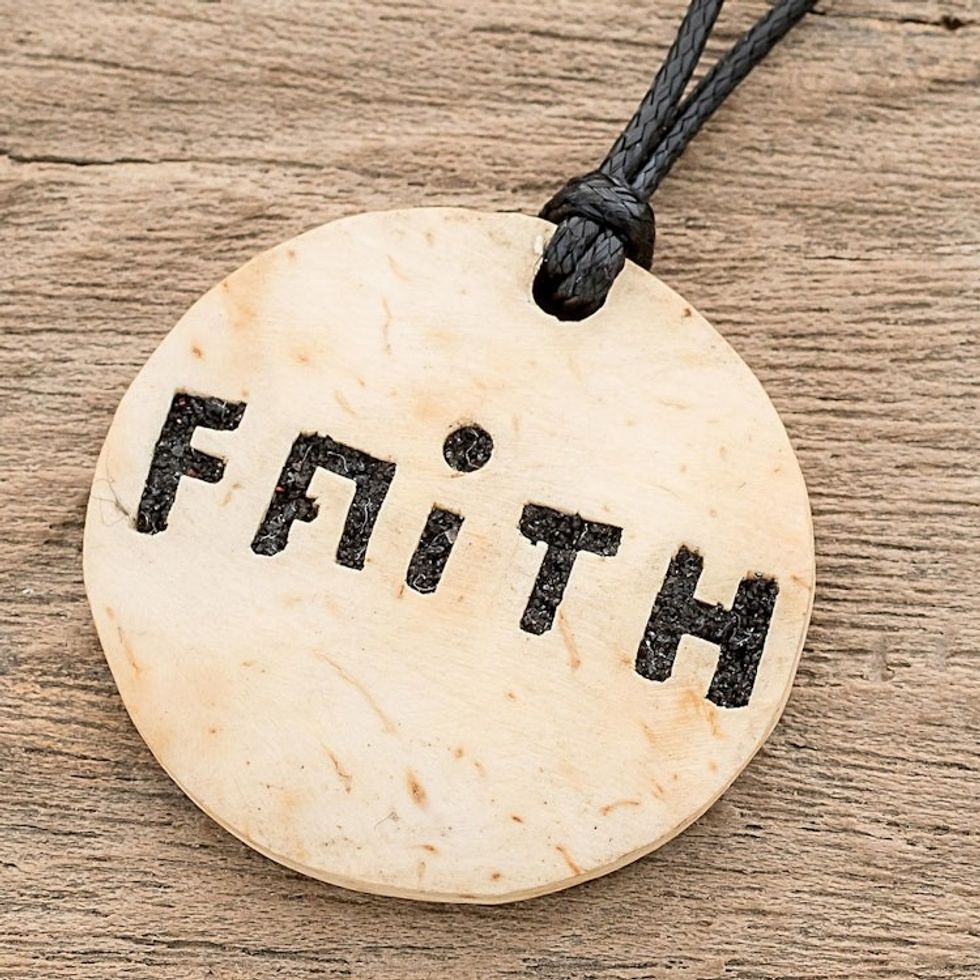 Faith-Themed Coconut Shell and Lava Stone Pendant Necklace 'Stay Faithful'
