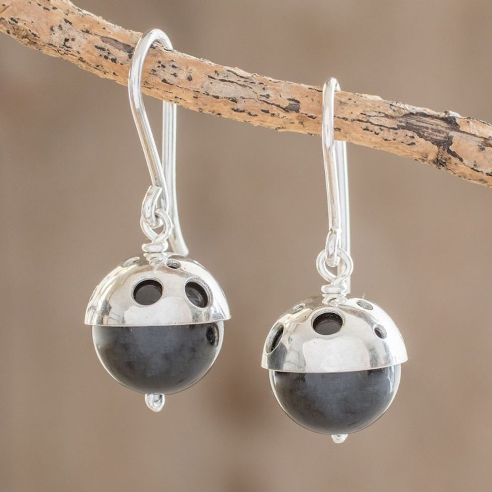 Modern Circular Onyx Dangle Earrings from Nicaragua 'Modern Holes'