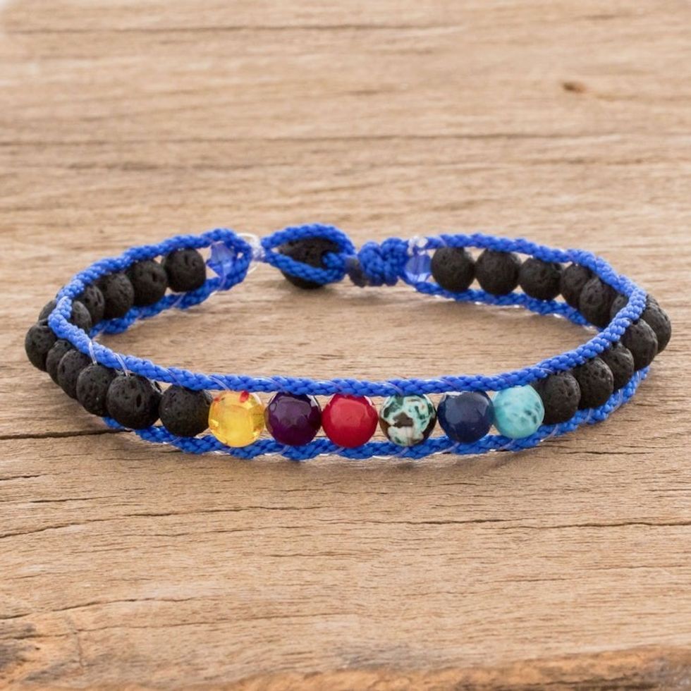 Men's Glass and Lava Stone Beaded Macrame Bracelet in Blue 'Planet Colors in Blue'