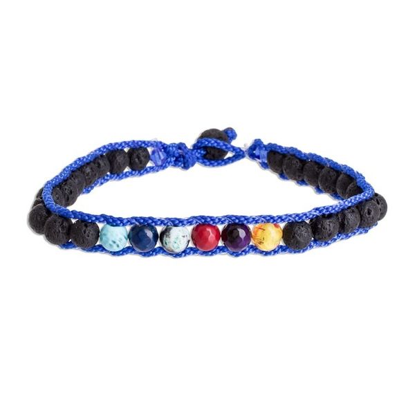 Alternate image for Mens Glass and Lava Stone Beaded Macrame Bracelet in Blue Planet Colors in Blue