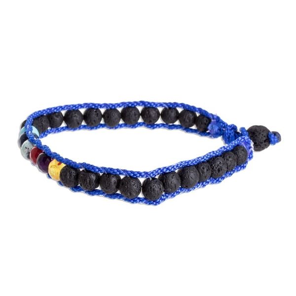 Alternate image for Mens Glass and Lava Stone Beaded Macrame Bracelet in Blue Planet Colors in Blue