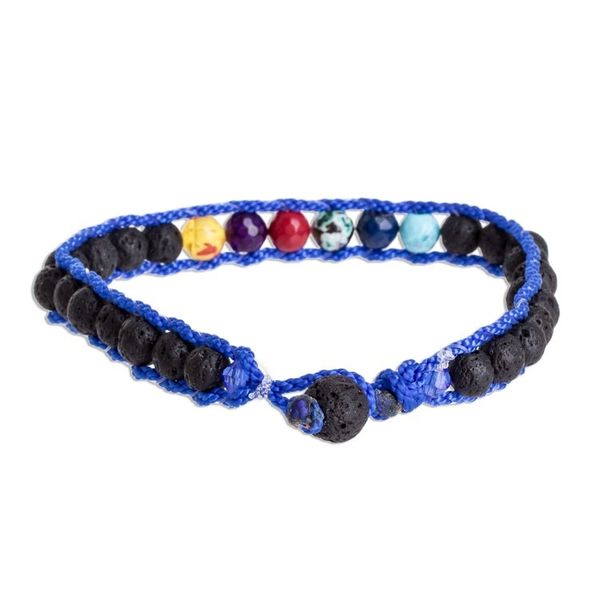 Alternate image for Mens Glass and Lava Stone Beaded Macrame Bracelet in Blue Planet Colors in Blue