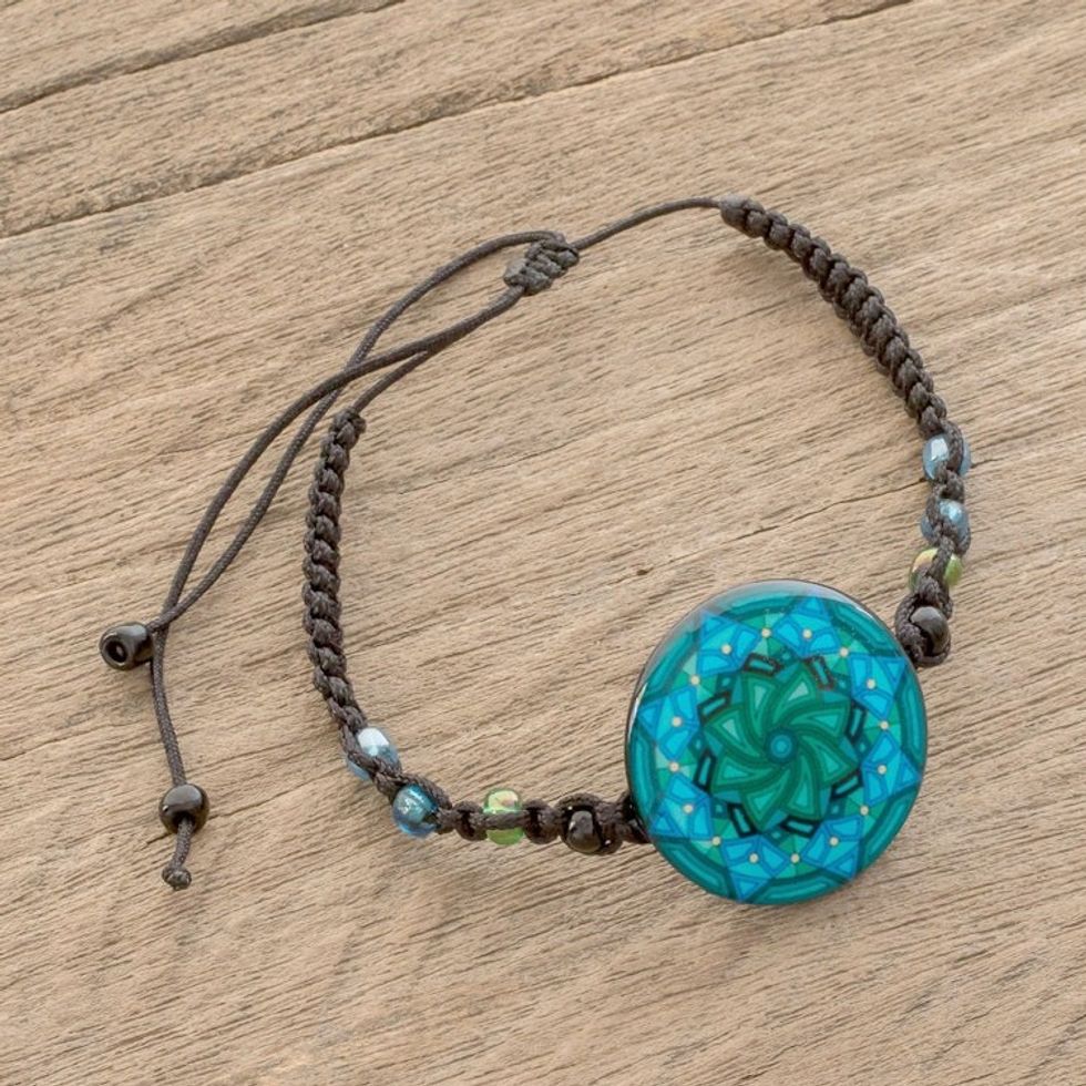 Spiral Motif Glass Beaded Macrame Pendant Bracelet 'Mesmerizing Skies'