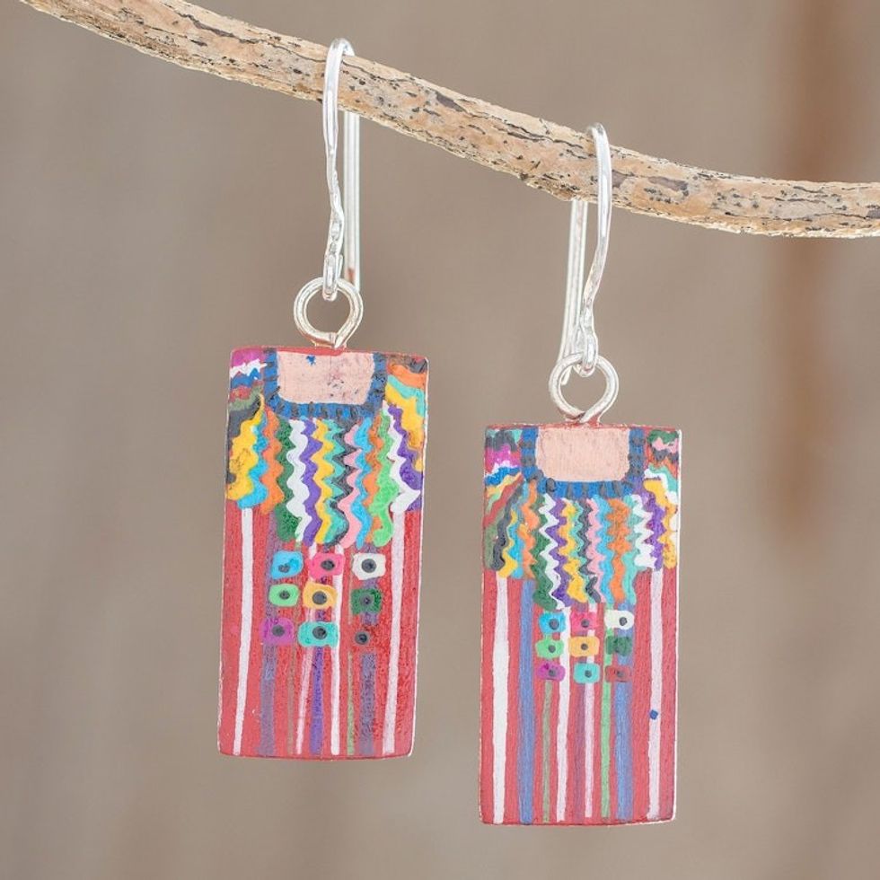 Cultural Hand-Painted Wood Dangle Earrings from Guatemala 'San Juan La Laguna'