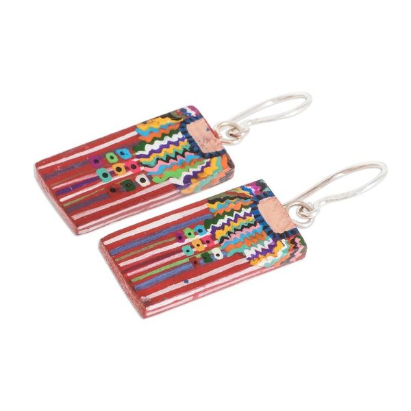 Alternate image for Cultural Hand-Painted Wood Dangle Earrings from Guatemala San Juan La Laguna