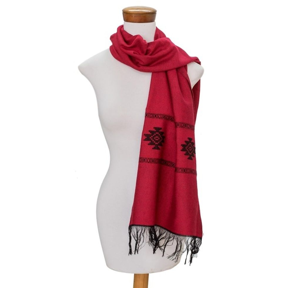 Red Cotton Blend Scarf with Black Stepped-Fret Rhombus Motif 'Fret Chic in Red'