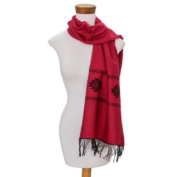 Alternate image for Red Cotton Blend Scarf with Black Stepped-Fret Rhombus Motif Fret Chic in Red