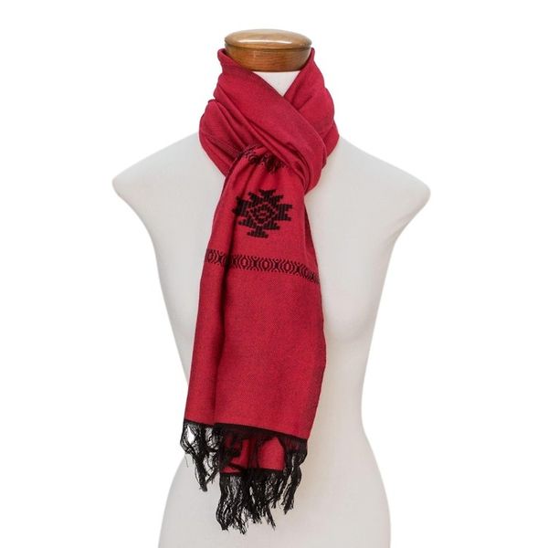Alternate image for Red Cotton Blend Scarf with Black Stepped-Fret Rhombus Motif Fret Chic in Red