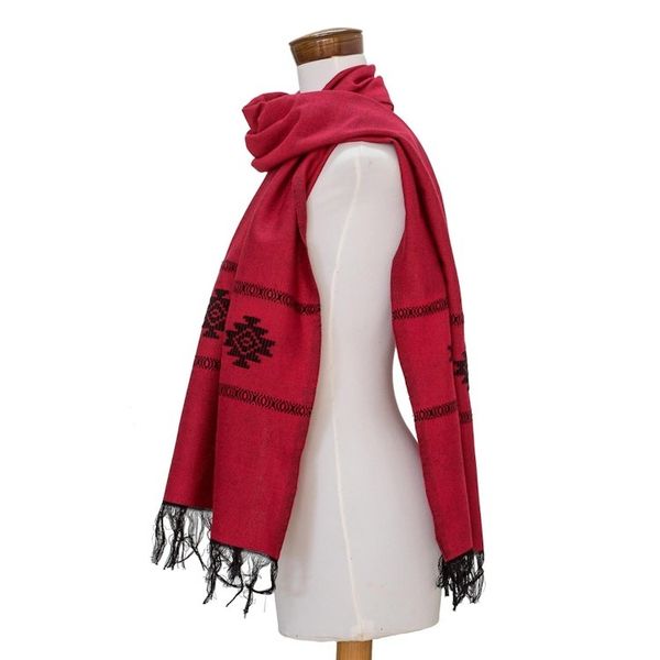 Alternate image for Red Cotton Blend Scarf with Black Stepped-Fret Rhombus Motif Fret Chic in Red