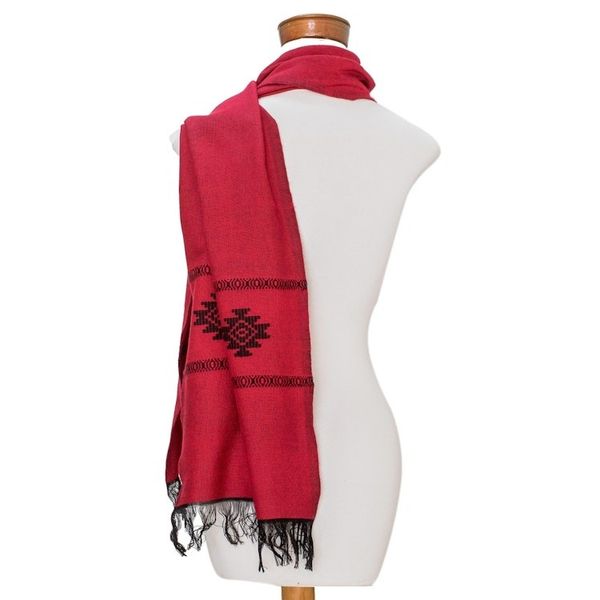 Alternate image for Red Cotton Blend Scarf with Black Stepped-Fret Rhombus Motif Fret Chic in Red