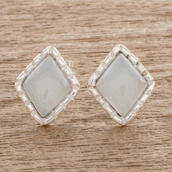 Alternate image for Silver Stud Earrings with Pale Ice Green Jade Diamonds Ice Green Diamond