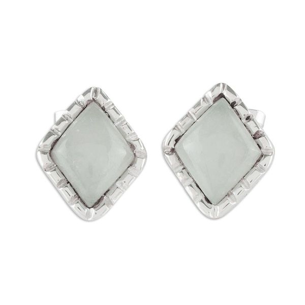 Alternate image for Silver Stud Earrings with Pale Ice Green Jade Diamonds Ice Green Diamond