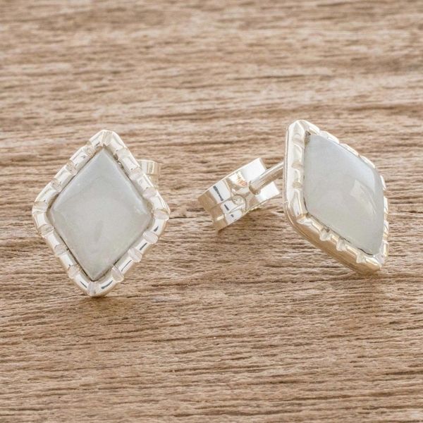 Alternate image for Silver Stud Earrings with Pale Ice Green Jade Diamonds Ice Green Diamond